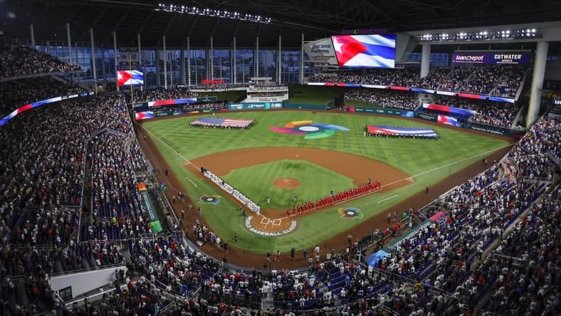 Mar 19, 2023; Miami, Florida, USA; USA hosts Cuba during the semifinal game of the World Baseball Classic at LoanDepot Park. Mandatory Credit: Sam Navarro-USA TODAY Sports