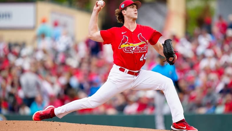 Mar 20, 2023; Jupiter, Florida, USA; St. Louis Cardinals pitcher Jake Woodford (44) throws a pitch against the Miami Marlins during the first inning at Roger Dean Stadium. Mandatory Credit: Rich Storry-USA TODAY Sports