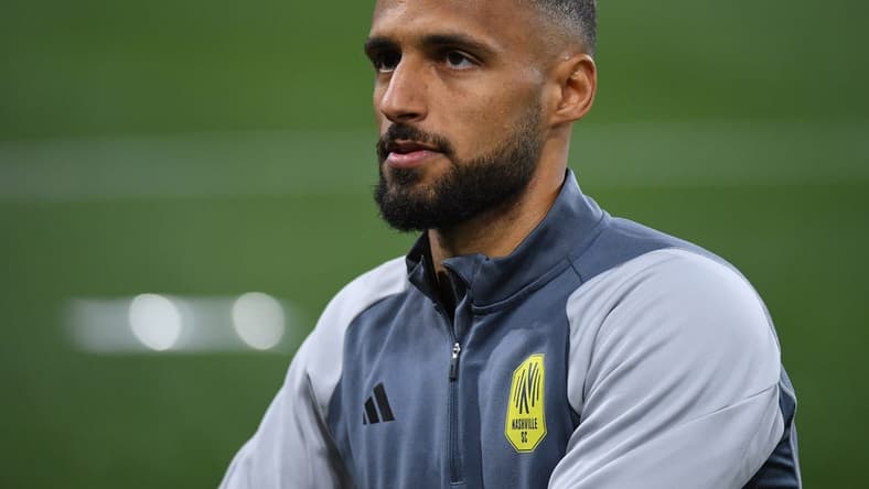 Mar 11, 2023; Nashville, Tennessee, USA; Nashville SC midfielder Hany Mukhtar (10) stretches before the match against the CF Montreal at Geodis Park. Mandatory Credit: Christopher Hanewinckel-USA TODAY Sports