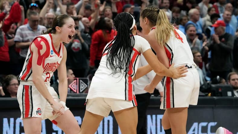 Mar 20, 2023; Columbus, OH, USA; Ohio State Buckeyes guard Taylor Mikesell (24) celebrates with Ohio State Buckeyes guard Jacy Sheldon (4) and Ohio State Buckeyes guard Kaitlyn Costner (20) after beating North Carolina Tar Heels 71-69 during the NCAA second round game at Value City Arena.
Ceb Wbk Ncaa Unc At Osu Kwr 40