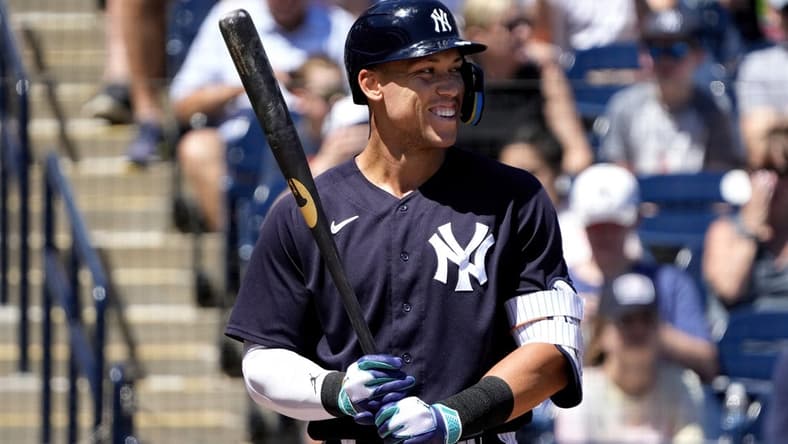 Mar 21, 2023; Tampa, Florida, USA; New York Yankees center fielder Aaron Judge (99) smiles before striking out against the Detroit Tigers during the first inning at George M. Steinbrenner Field. Mandatory Credit: Dave Nelson-USA TODAY Sports