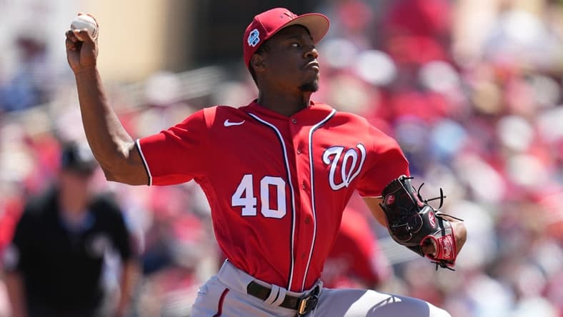 Mar 21, 2023; Jupiter, Florida, USA; Washington Nationals starting pitcher Josiah Gray (40) pitches against the St. Louis Cardinals in the third inning at Roger Dean Stadium. Mandatory Credit: Jim Rassol-USA TODAY Sports