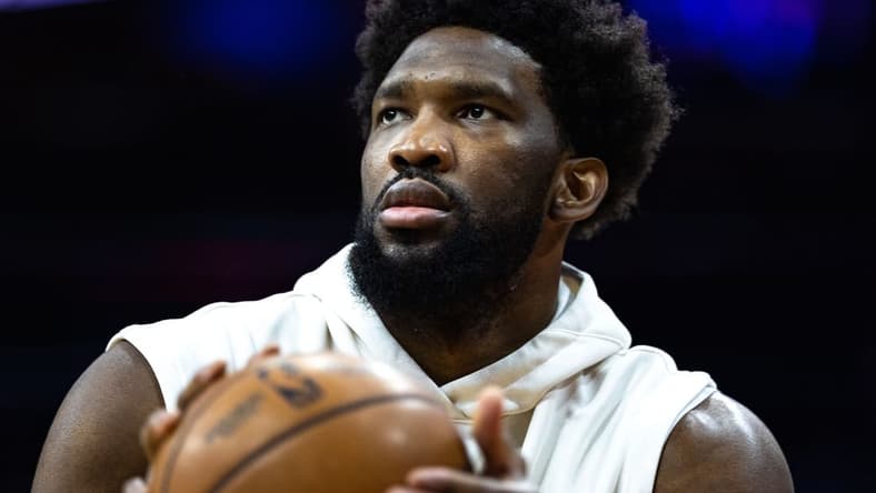 Mar 20, 2023; Philadelphia, Pennsylvania, USA; Philadelphia 76ers center Joel Embiid (21) warms up before a game against the Chicago Bulls at Wells Fargo Center. Mandatory Credit: Bill Streicher-USA TODAY Sports