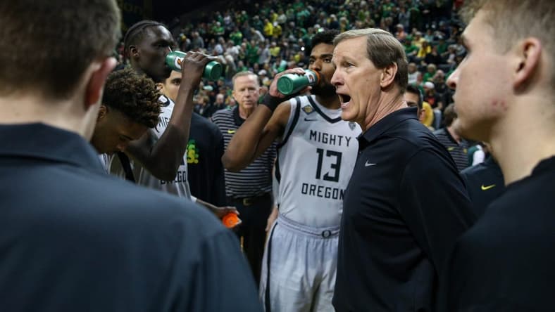 Oregon head coach Dana Altman talks to his players as the Oregon Ducks host Wisconsin in the quarterfinal round of the NIT Tuesday, March 21, 2023 at Matthew Knight Arena in Eugene, Ore.
Ncaa Basketball Wisconsin At Oregon Mbb Nit Wisconsin At Oregon