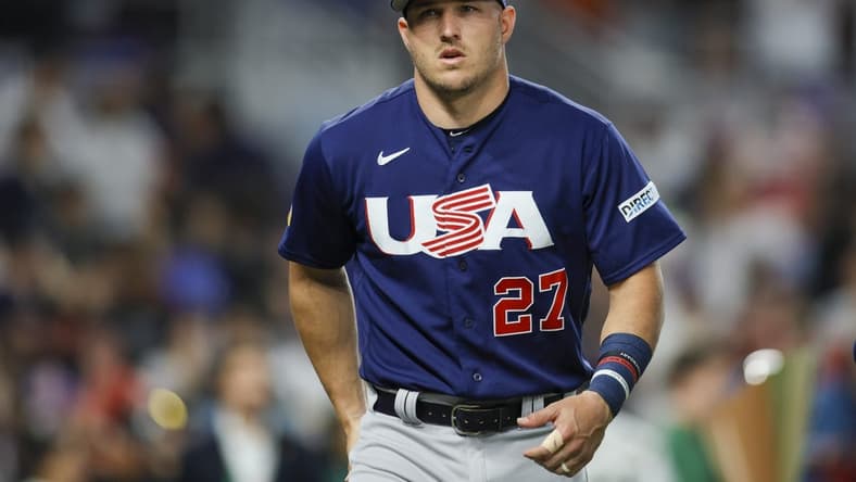 Mar 21, 2023; Miami, Florida, USA; USA center fielder Mike Trout (27) looks on prior to the game against Japan at LoanDepot Park. Mandatory Credit: Sam Navarro-USA TODAY Sports