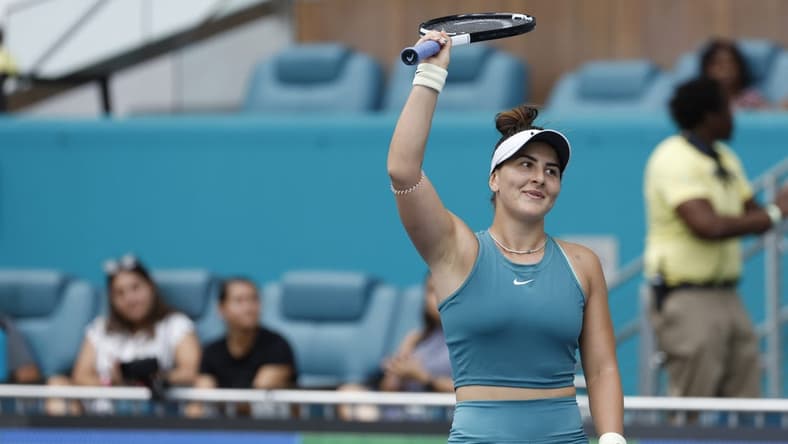 Mar 22, 2023; Miami, Florida, US; Bianca Andreescu (CAN) waves to the crowd after her match against Emma Raducanu (GBR) (not pictured) on day three of the Miami Open at Hard Rock Stadium. Mandatory Credit: Geoff Burke-USA TODAY Sports