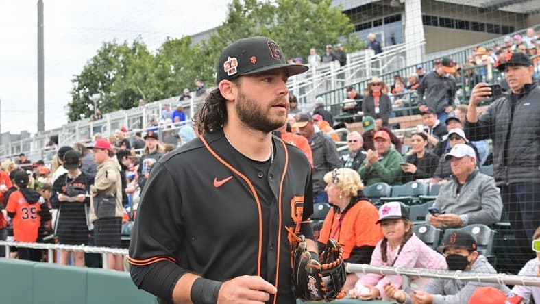 Mar 22, 2023; Scottsdale, Arizona, USA; San Francisco Giants shortstop Brandon Crawford (35) looks on prior to a Spring Training game against the Texas Rangers at Scottsdale Stadium. Mandatory Credit: Matt Kartozian-USA TODAY Sports