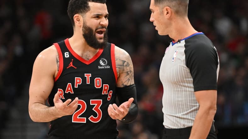 Mar 22, 2023; Toronto, Ontario, CAN;  Toronto Raptors guard Fred VanVleet (3) discusses a call with game official Jason Goldenberg (35) in the first half against the Indiana Pacers at Scotiabank Arena. Mandatory Credit: Dan Hamilton-USA TODAY Sports