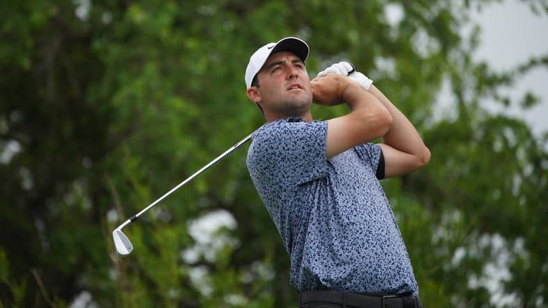 Mar 22, 2023; Austin, Texas, USA; Scottie Scheffler tees off during the first round of the World Golf Championships-Dell Technologies Match Play golf tournament. Mandatory Credit: Dustin Safranek-USA TODAY Sports