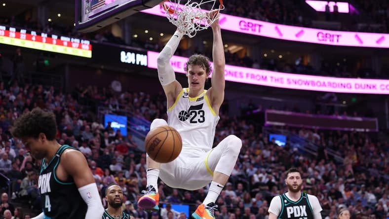 Mar 22, 2023; Salt Lake City, Utah, USA; Utah Jazz forward Lauri Markkanen (23) dunks the ball against the Portland Trail Blazers in the third quarter at Vivint Arena. Mandatory Credit: Rob Gray-USA TODAY Sports