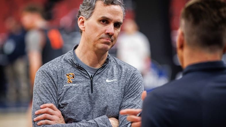 Mar 23, 2023; Louisville, KY, USA; Princeton Tigers head coach Mitch Henderson has a discussion during practice for the NCAA Tournament South Regional game at KFC YUM! Center. Mandatory Credit: Jordan Prather-USA TODAY Sports