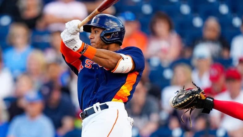 Mar 23, 2023; West Palm Beach, Florida, USA; Houston Astros shortstop Jeremy Pena (3) at the plate against the Washington Nationals during the third inning at The Ballpark of the Palm Beaches. Mandatory Credit: Rich Storry-USA TODAY Sports