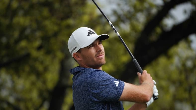 Mar 22, 2023; Austin, Texas, USA; Aaron Wise tees off during the first round of the World Golf Championships-Dell Technologies Match Play golf tournament. Mandatory Credit: Dustin Safranek-USA TODAY Sports