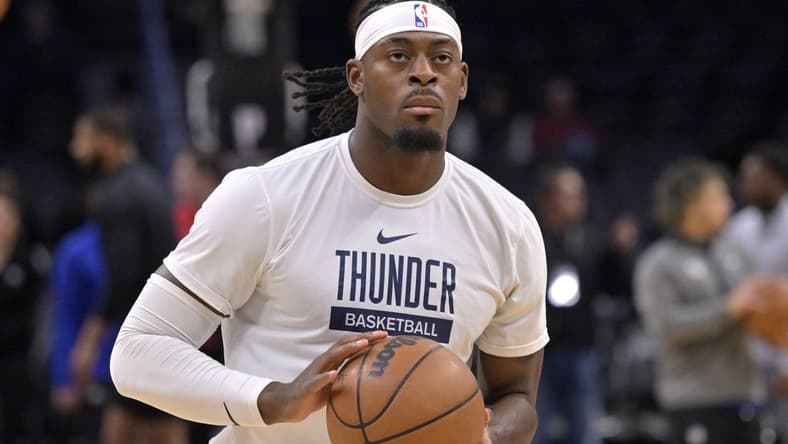 Mar 23, 2023; Los Angeles, California, USA; Oklahoma City Thunder guard Luguentz Dort (5) warms up prior to the game against the Los Angeles Clippers at Crypto.com Arena. Mandatory Credit: Jayne Kamin-Oncea-USA TODAY Sports