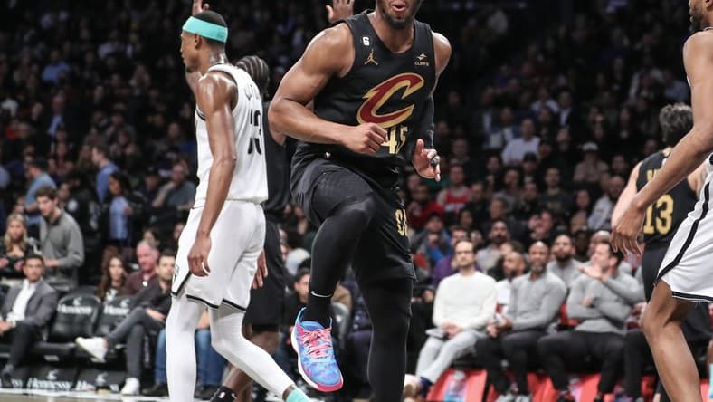 Mar 23, 2023; Brooklyn, New York, USA;  Cleveland Cavaliers guard Donovan Mitchell (45) reacts after being called for a foul in the third quarter against the Brooklyn Nets at Barclays Center. Mandatory Credit: Wendell Cruz-USA TODAY Sports