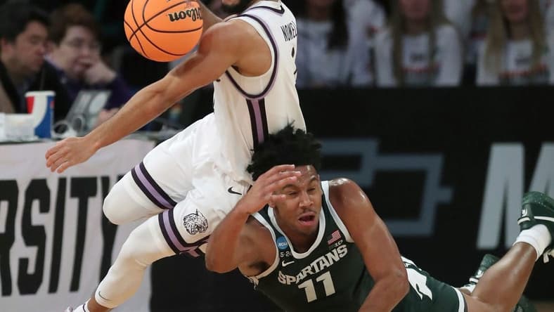 Michigan State guard A.J. Hoggard defends against Kansas State guard Markquis Nowell during the second half of MSU's 98-93 overtime loss in the Sweet 16 on Thursday, March 23, 2023, in New York.
Msuku 032323 Kd6326