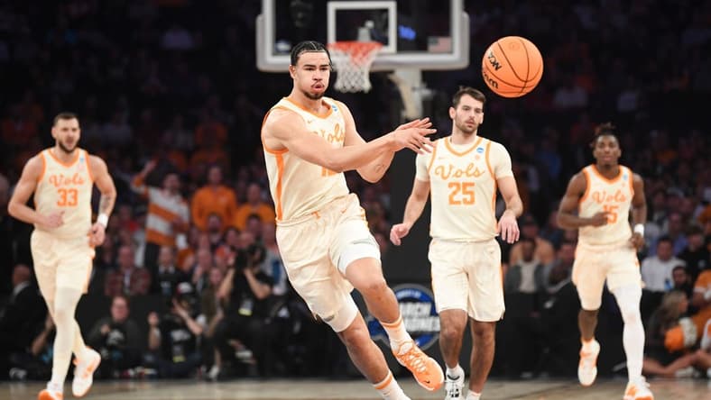 Tennessee forward Olivier Nkamhoua (13) passes the ball during a NCAA Tournament Sweet 16 game between Tennessee and FAU in Madison Square Garden, Thursday, March 23, 2023.
Volsfau0323 0325
