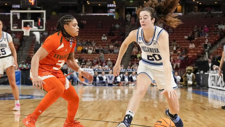 Mar 24, 2023; Greenville, SC, USA; Villanova Wildcats forward Maddy Siegrist (20) dribbles against Miami Hurricanes forward Destiny Harden (3) during the NCAA Women s Tournament at Bon Secours Wellness Arena. Mandatory Credit: Jim Dedmon-USA TODAY Sports
