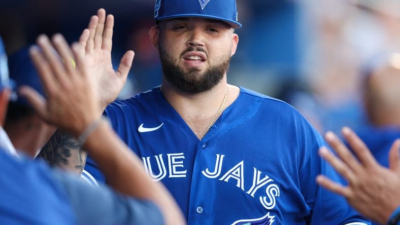 Mar 24, 2023; Dunedin, Florida, USA; Toronto Blue Jays starting pitcher Alek Manoah (6) is congratulated against the Philadelphia Phillies in the second inning during spring training at TD Ballpark. Mandatory Credit: Nathan Ray Seebeck-USA TODAY Sports