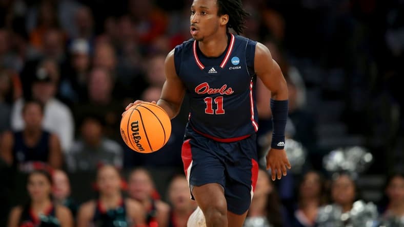 Mar 23, 2023; New York, NY, USA; Florida Atlantic Owls guard Michael Forrest (11) brings the ball up court against the Tennessee Volunteers during the first half at Madison Square Garden. Mandatory Credit: Brad Penner-USA TODAY Sports