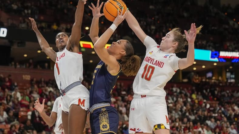 Mar 25, 2023; Greenville, SC, USA; Maryland Terrapins guard Abby Meyers (10) blocks the shot by Notre Dame Fighting Irish forward Natalija Marshall (15) during the second half during the NCAA Women s Tournament at Bon Secours Wellness Arena. Mandatory Credit: Jim Dedmon-USA TODAY Sports