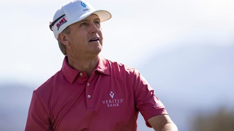 David Toms tees off on 18 during the second round of the Galleri Classic in Rancho Mirage, Calif., Saturday, March 25, 2023.