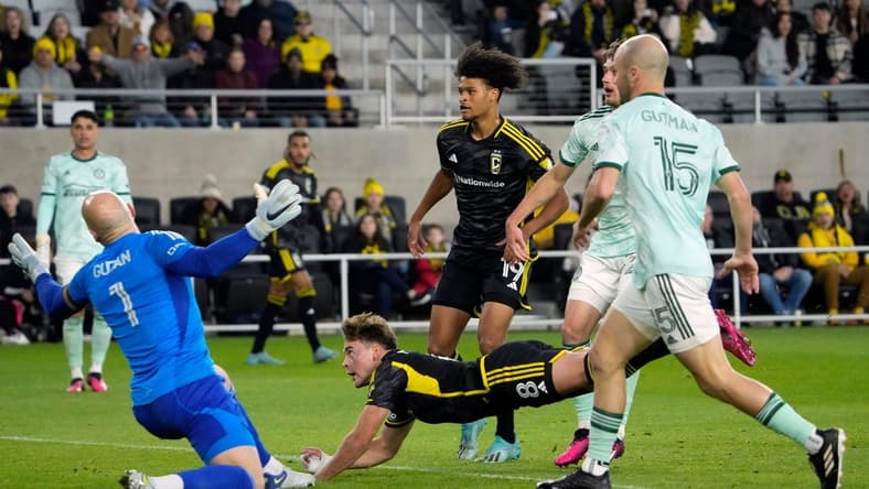 Mar 25, 2023; Columbus, Ohio, USA;  Columbus Crew midfielder Aidan Morris (8) scores a header goal against Atlanta United goalkeeper Brad Guzan (1) during the first half of their MLS game at Lower.com Stadium.

Ceb Crew Atlanta Kwr 01