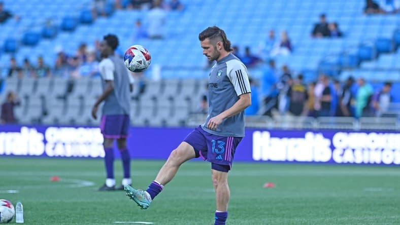 Mar 25, 2023; Charlotte, North Carolina, USA; Charlotte FC midfielder Brandt Bronico (13) juggles ball before the match against New York Red Bulls at Bank of America Stadium. Mandatory Credit: Griffin Zetterberg-USA TODAY Sports