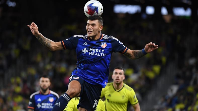 Mar 25, 2023; Nashville, Tennessee, USA; FC Cincinnati forward Brandon Vazquez (19) heads the ball at Geodis Park. Mandatory Credit: Christopher Hanewinckel-USA TODAY Sports