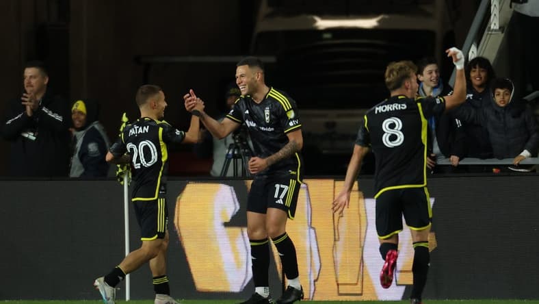 Mar 25, 2023; Columbus, Ohio, USA; Columbus Crew forward Christian Ramirez (17) celebrates with teammates after scoring a goal against Atlanta United at Lower.com Field. Mandatory Credit: Trevor Ruszkowski-USA TODAY Sports