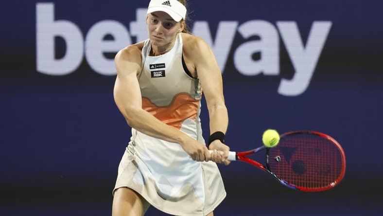 Mar 25, 2023; Miami, Florida, US; Elena Rybakina (KAZ) hits a backhand against Paula Badosa (ESP) (not pictured) on day six of the Miami Open at Hard Rock Stadium. Mandatory Credit: Geoff Burke-USA TODAY Sports