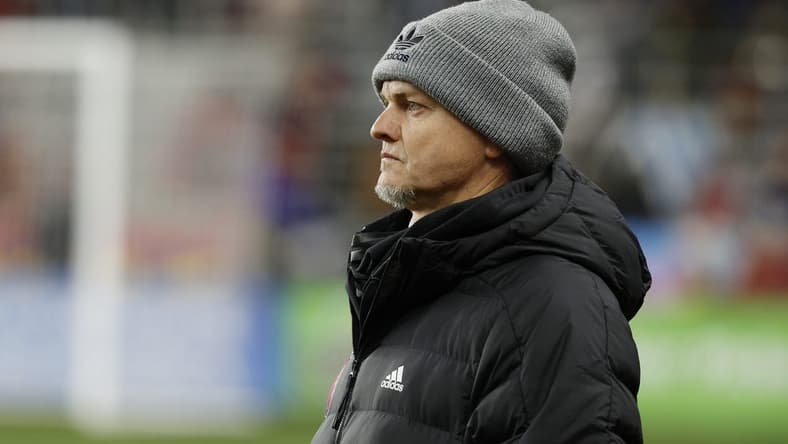 Mar 25, 2023; Sandy, Utah, USA; St. Louis City head coach Bradley Carnell keeps an eye on the action in the second half against the Real Salt Lake at America First Field. Mandatory Credit: Jeffrey Swinger-USA TODAY Sports
