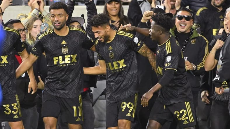 Mar 25, 2023; Los Angeles, California, USA; Los Angeles FC celebrates after a goal by forward Denis Bouanga (99) in the second half against the FC Dallas at BMO Stadium. Mandatory Credit: Jayne Kamin-Oncea-USA TODAY Sports
