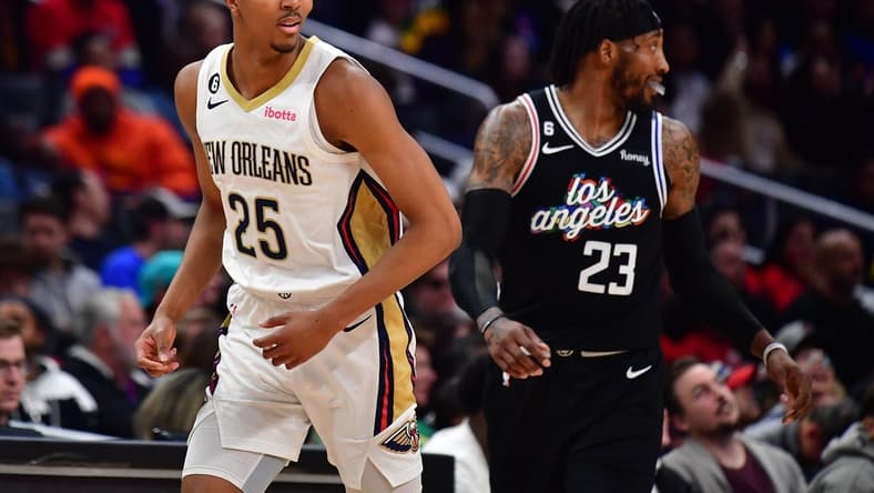 Mar 25, 2023; Los Angeles, California, USA; New Orleans Pelicans guard Trey Murphy III (25) reacts after scoring a basket against the Los Angeles Clippers during the second half at Crypto.com Arena. Mandatory Credit: Gary A. Vasquez-USA TODAY Sports