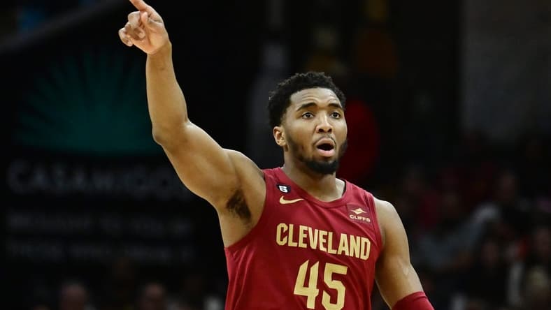 Mar 26, 2023; Cleveland, Ohio, USA; Cleveland Cavaliers guard Donovan Mitchell (45) calls out a play during the second half against the Houston Rockets at Rocket Mortgage FieldHouse. Mandatory Credit: Ken Blaze-USA TODAY Sports