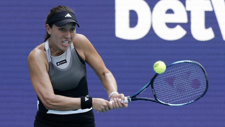 Mar 27, 2023; Miami, Florida, US; Jessica Pegula (USA) hits a backhand against Magda Linette (POL) (not pictured) on day eight of the Miami Open at Hard Rock Stadium. Mandatory Credit: Geoff Burke-USA TODAY Sports
