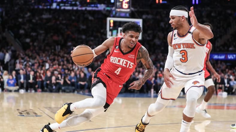Mar 27, 2023; New York, New York, USA; Houston Rockets guard Jalen Green (4) looks to drive past New York Knicks guard Josh Hart (3) in the second quarter at Madison Square Garden. Mandatory Credit: Wendell Cruz-USA TODAY Sports