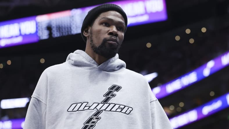Mar 27, 2023; Salt Lake City, Utah, USA; Phoenix Suns forward Kevin Durant (35) looks on during a timeout against the Utah Jazz in the first half at Vivint Arena. Mandatory Credit: Rob Gray-USA TODAY Sports