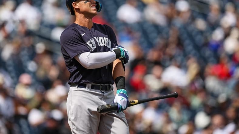 Mar 28, 2023; Washington, District of Columbia, USA; New York Yankees center fielder Aaron Judge (99) reacts against the Washington Nationals during the third inning of the Spring Training game at Nationals Park. Mandatory Credit: Scott Taetsch-USA TODAY Sports
