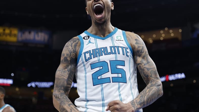 Mar 28, 2023; Oklahoma City, Oklahoma, USA; Charlotte Hornets forward P.J. Washington (25) reacts after a defensive play against the Oklahoma City Thunder during the second half at Paycom Center. Charlotte defeated Oklahoma City 137-134. Mandatory Credit: Alonzo Adams-USA TODAY Sports