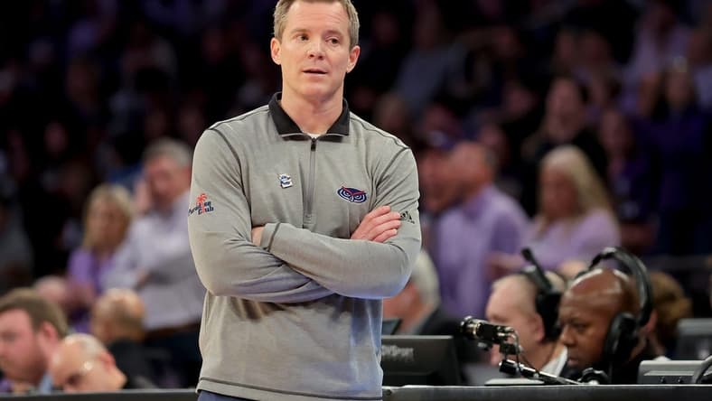Mar 25, 2023; New York, NY, USA; Florida Atlantic Owls head coach Dusty May coaches against the Kansas State Wildcats during the first half at Madison Square Garden. Mandatory Credit: Brad Penner-USA TODAY Sports