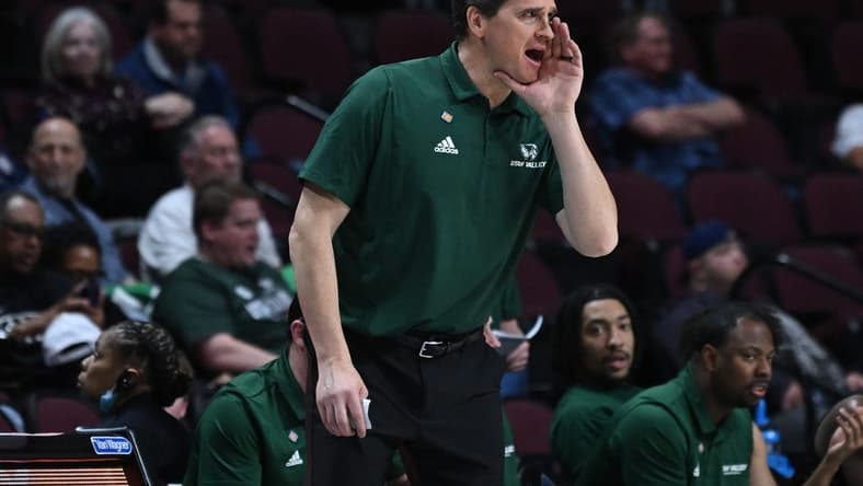 Mar 28, 2023; Las Vegas, Nevada, USA; Utah Valley Wolverines head coach Mark Madsen calls to his team in the second half against the UAB Blazers at Orleans Arena. Mandatory Credit: Candice Ward-USA TODAY Sports