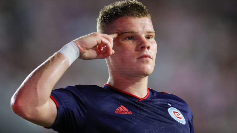 Mar 25, 2023; Fort Lauderdale, Florida, USA; Chicago Fire forward Chris Mueller (8) celebrates after scoring during the first half against Inter Miami CF at DRV PNK Stadium. Mandatory Credit: Sam Navarro-USA TODAY Sports