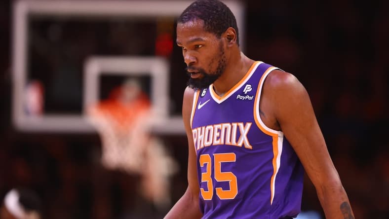 Mar 29, 2023; Phoenix, Arizona, USA; Phoenix Suns forward Kevin Durant (35) against the Minnesota Timberwolves in the first half at Footprint Center. Mandatory Credit: Mark J. Rebilas-USA TODAY Sports