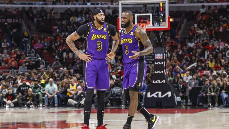 Mar 29, 2023; Chicago, Illinois, USA; Los Angeles Lakers forward LeBron James (6) chats with Los Angeles Lakers forward Anthony Davis (3) during the second half of an NBA game against the Chicago Bulls at United Center. Mandatory Credit: Kamil Krzaczynski-USA TODAY Sports