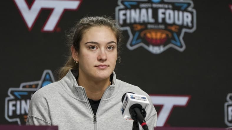 Mar 30, 2023; Dallas, TX, USA; Virginia Tech Hokies center Elizabeth Kitley speaks with members of the media at the American Airlines Center. Mandatory Credit: Kirby Lee-USA TODAY Sports