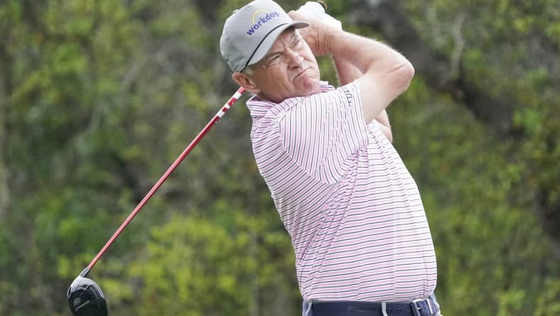 Mar 30, 2023; San Antonio, Texas, USA; Davis Love III plays his shot from the first tee during the first round of the Valero Texas Open golf tournament. Mandatory Credit: Raymond Carlin III-USA TODAY Sports