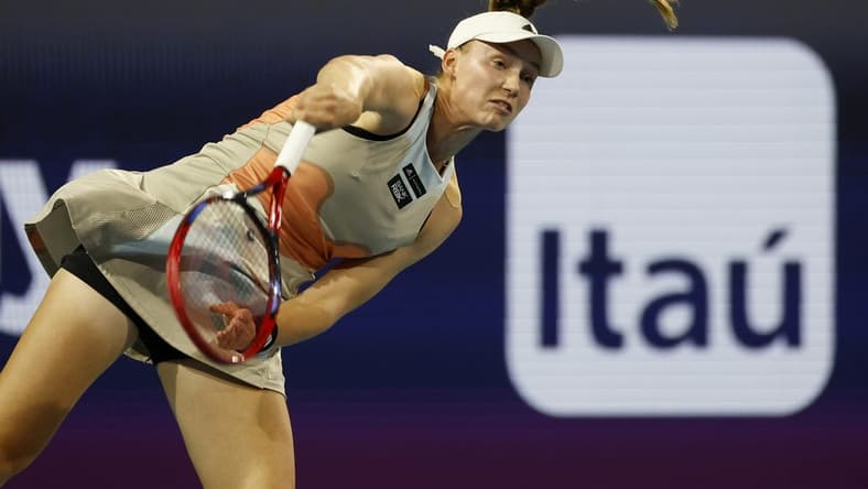 Mar 30, 2023; Miami, Florida, US; Elena Rybakina (KAZ) serves against Jessica Pegula (USA) (not pictured) in a women's singles semifinal on day eleven of the Miami Open at Hard Rock Stadium. Mandatory Credit: Geoff Burke-USA TODAY Sports