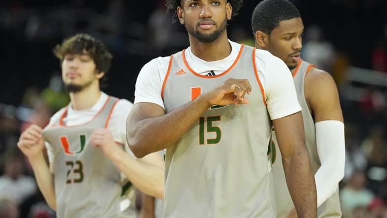Mar 31, 2023; Houston, TX, USA; Miami Hurricanes forward Norchad Omier (15) during a practice session the day before the Final Four of the 2023 NCAA Tournament at NRG Stadium. Mandatory Credit: Robert Deutsch-USA TODAY Sports