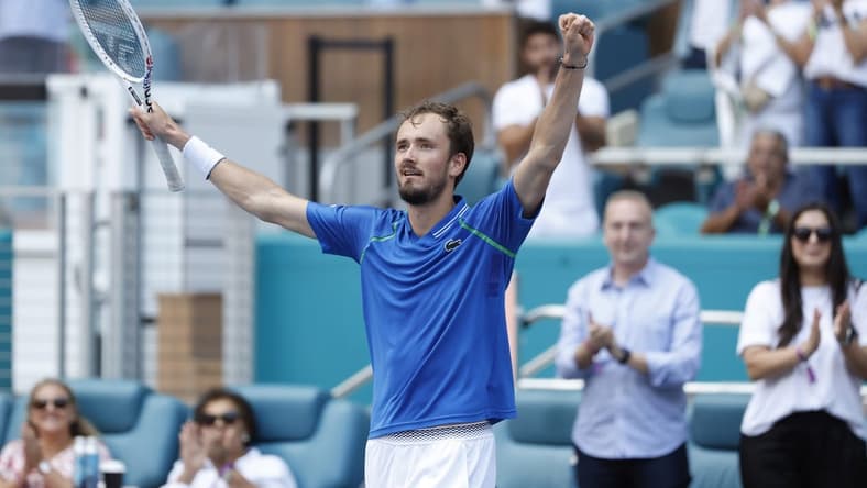Mar 31, 2023; Miami, Florida, US; Daniil Medvedev celebrates after his match against Karen Khachanov (not pictured) in a men's singles semifinal on day twelve on the Miami Open at Hard Rock Stadium. Mandatory Credit: Geoff Burke-USA TODAY Sports